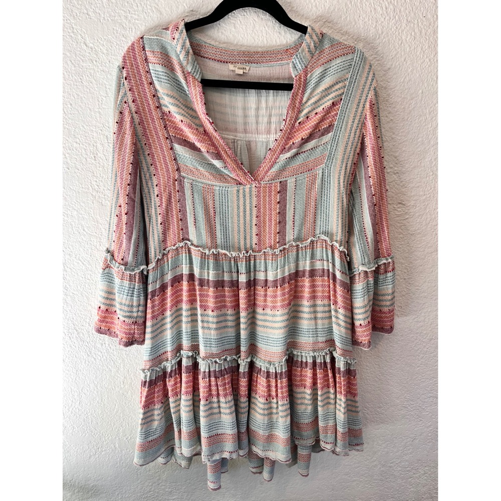 En Creme Darlene Striped Tiered Babydoll Mini Dress Womens Med Boho Bell Sleeve